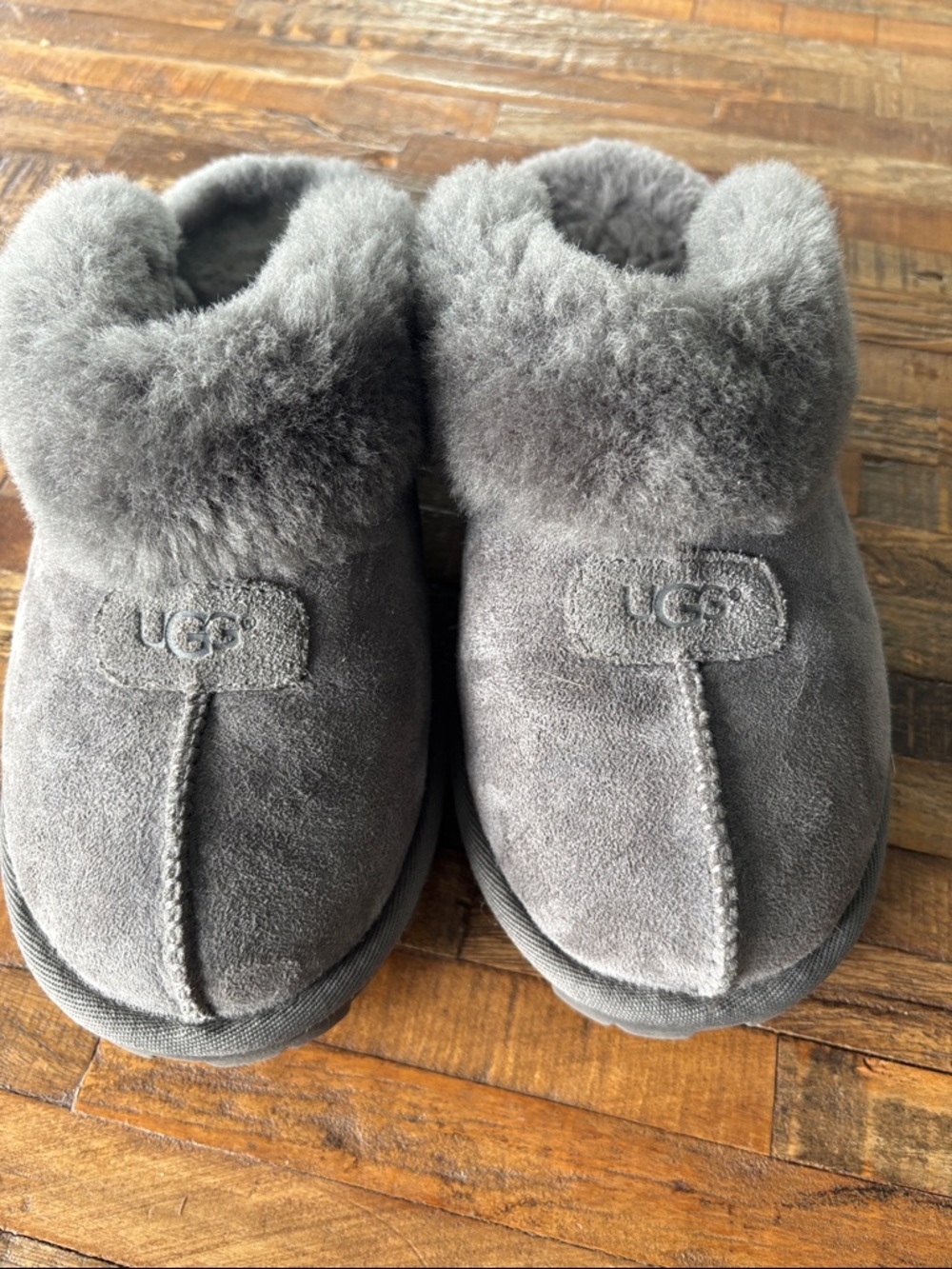 UGG Women’s Gray Sheepskin Slip-On Clog Slippers